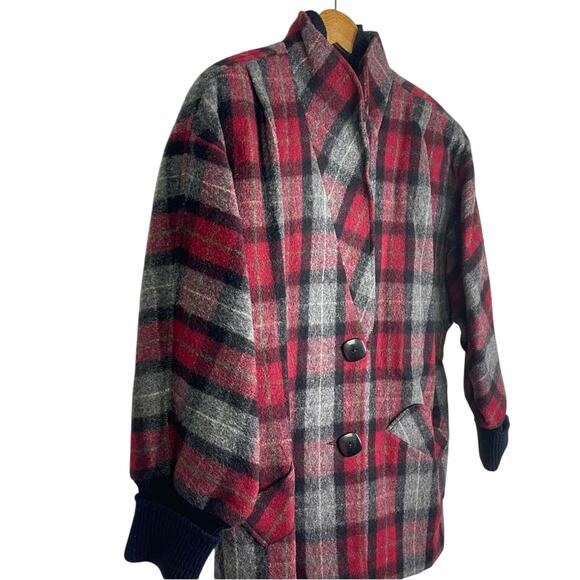 Vintage Wool Jacket Plaid Red Black Gray High Collar - Picture 9 of 12